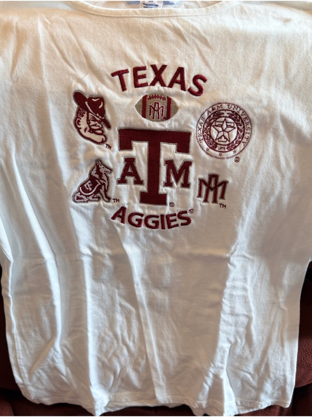 Texas A&M white cotton T-shirt 3/4 sleeves, size medium